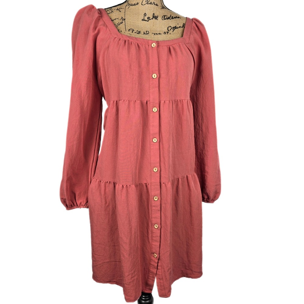 Mittoshop Terracotta Rose Tiered Babydoll Dress Square Neck Balloon Sleeve Small
